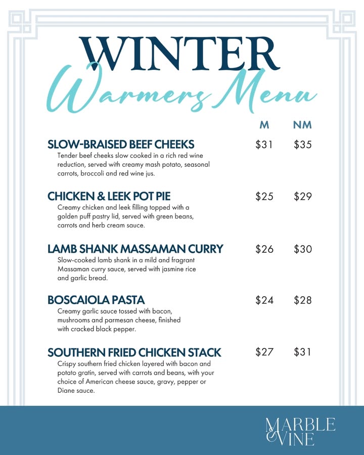 Featured image for “New Winter Warmers Menu at Marble & Vine – Singleton Diggers”