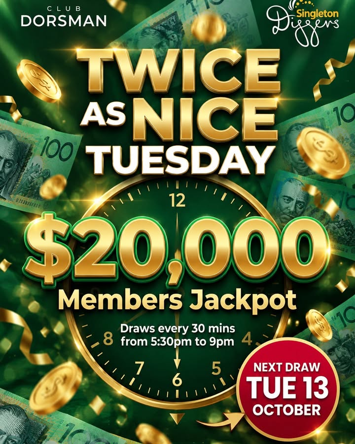 Featured image for “$20,000 Jackpot Twice As Nice Tuesday at Singleton Diggers”